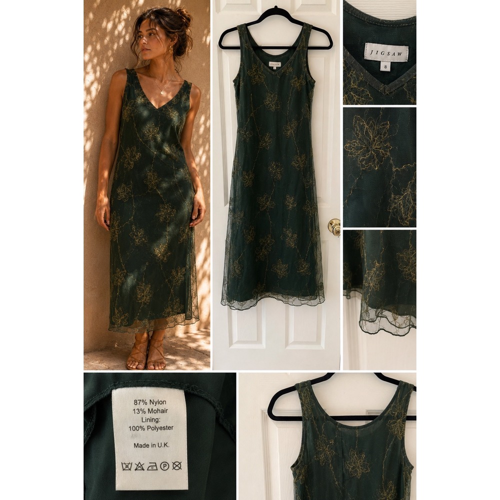 Jigsaw UK Olive Mesh Mohair Leaf Dress Sheer Fitted Midi 90s Ethereal Whimsigoth